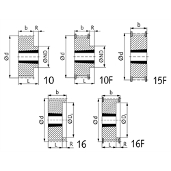 Zahnriemenrad aus Stahl Profil T5 64 Zähne für Riemenbreite 25mm für Taper-Spannbuchse 1210, Technische Zeichnung