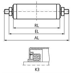 Tragrolle K3 Kunststoff blau Ø=50mm RL=400mm EL=417mm AL=447mm Außengewinde, Technische Zeichnung