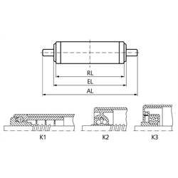 Tragrolle K2 Kunststoff blau Ø=50mm RL=400mm EL=407mm AL=427mm Federachse, Technische Zeichnung