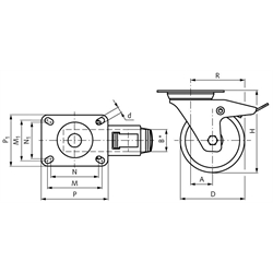 Transportrolle mit Lochplatte TPE-Rad grau Lenkrolle mit Feststeller Rad-Ø 125, Technische Zeichnung