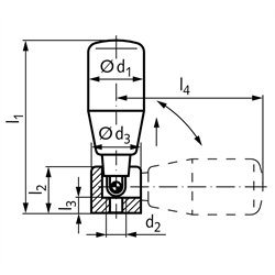 Umleggriff NG Ausführung N Griffdurchmesser 28mm Gewinde M8 mit drehbarem Ballengriff aus Kunststoff Mechanik aus Edelstahl, Technische Zeichnung