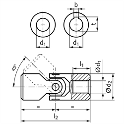 Präzisions-Wellengelenk WE DIN808 einfach beidseitig Bohrung 16H7 mit Nut DIN 6885-1 Toleranz JS9 Gesamtlänge 68mm Stahl, Technische Zeichnung