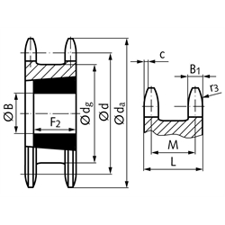 Doppel-Kettenrad ZRET für 2 Einfach-Rollenketten 10 B-1 5/8"x3/8" 19 Zähne Material Stahl für Taper-Spannbuchse 1610, Technische Zeichnung