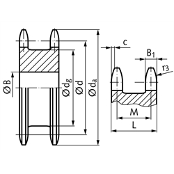 Doppel-Kettenrad ZREG für 2 Einfach-Rollenketten 06 B-1 3/8x7/32" 13 Zähne Material Stahl Zähne gehärtet , Technische Zeichnung
