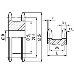 Doppel-Kettenrad ZREG für 2 Einfach-Rollenketten 12 B-1 3/4x7/16" 23 Zähne Material Stahl Zähne gehärtet, Technische Zeichnung