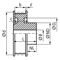 Zahnriemenrad aus Polyacetal gespritzt Profil T5 15 Zähne für Riemenbreite 10mm , Technische Zeichnung