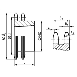 Zweifach-Kettenrad ZRT 06 B-2 3/8x7/32" 19 Zähne Material Stahl für Taper-Spannbuchse Typ 1008 , Technische Zeichnung