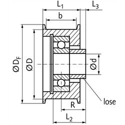 Spannrolle Umlenkrolle TS Laufflächendurchmesser 60mm Laufflächenbreite 38mm mit lose beiliegender Distanzbuchse für die Montage, Technische Zeichnung