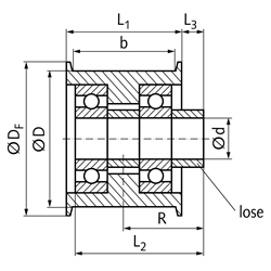 Spannrolle Umlenkrolle TS Laufflächendurchmesser 30mm Laufflächenbreite 19mm mit lose beiliegender Distanzbuchse für die Montage, Technische Zeichnung