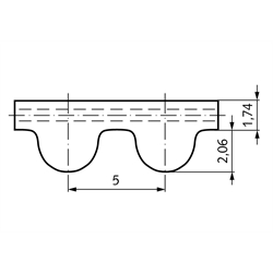 HTD-Zahnriemen Neopren Profil 5M Breite 15mm Wirklänge 450mm Zähnezahl 90 , Technische Zeichnung