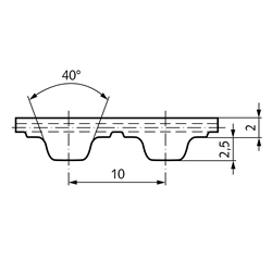 PU-Zahnriemen Profil T10 Breite 25mm Wirklänge 780mm Zähnezahl 78 25 T10/780 , Technische Zeichnung