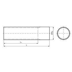 Zahnwelle Profil T2,5 29 Zähne Länge 140mm Material Aluminium , Technische Zeichnung