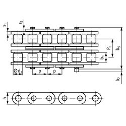 Zweifach-Rollenkette ähnlich DIN ISO 606 08 B-2-GL mit geraden Laschen, Technische Zeichnung