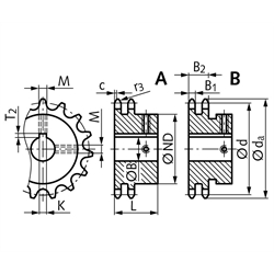 Zweifach-Kettenrad ZRF mit einseitiger Nabe 06 B-2 20 Zähne Bohrung 16H7 Passfedernut DIN 6885/1 2 Stellschraubengewinde Material Stahl Zähne induktiv gehärtet, Technische Zeichnung